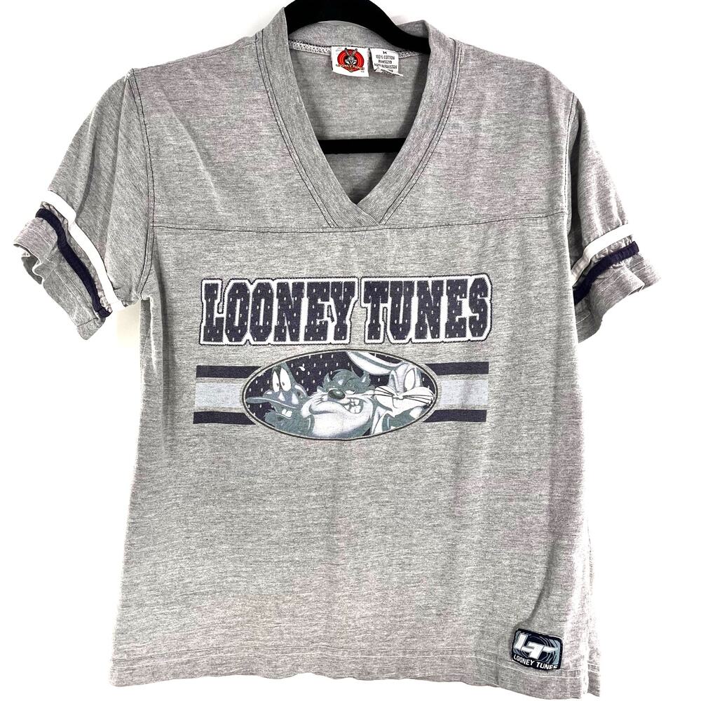 women's vintage 90's Looney Tunes jersey style graphic tee v neck gray blue med